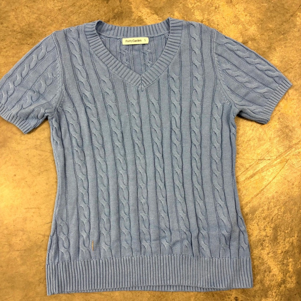 PrettyGarden Light Blue Cable Knit Short Sleeve V-Neck Sweater Top Small 10280